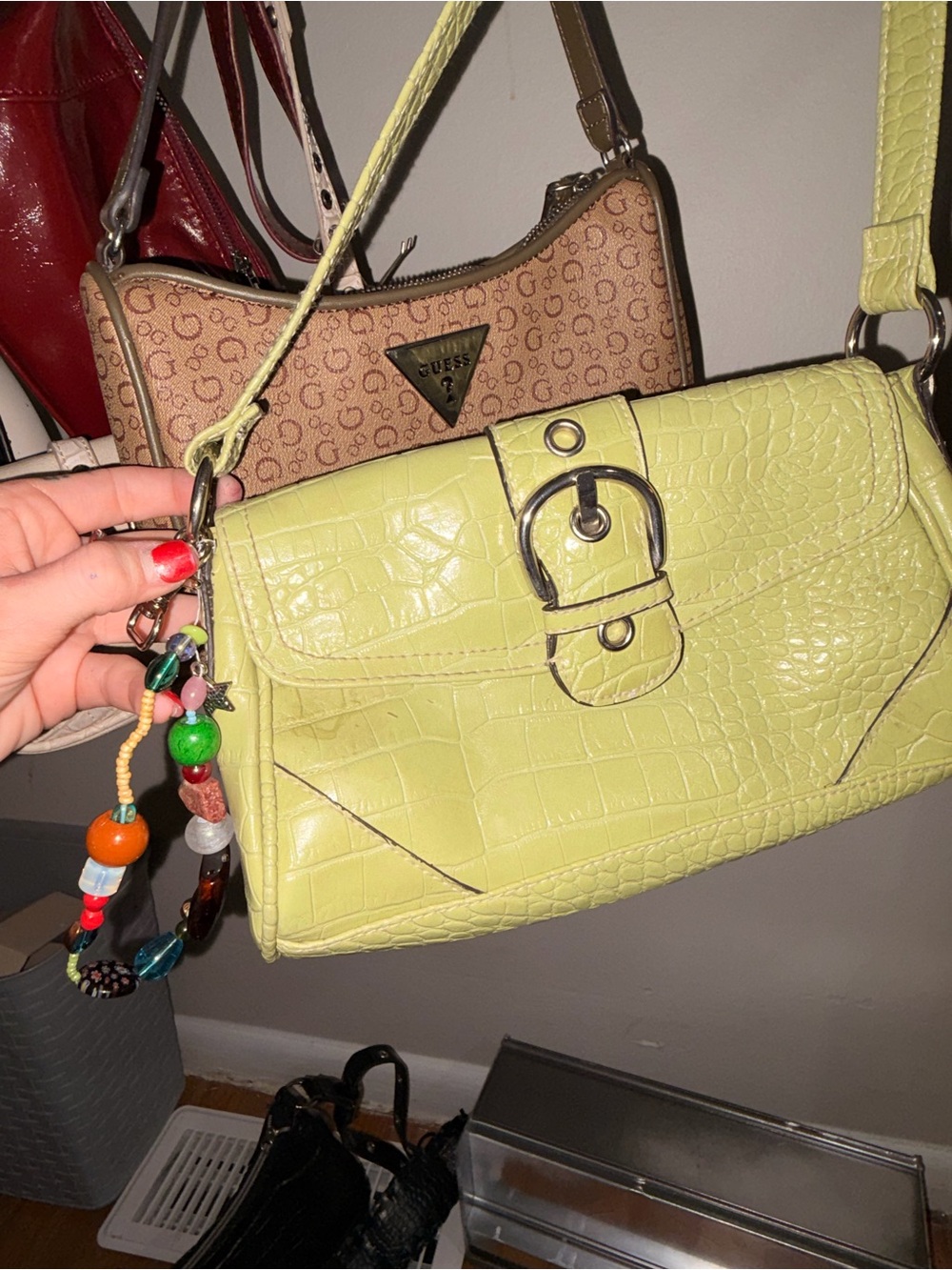 Y2K Guess Lime Green Croc-Embossed Shoulder Bag with Buckle and Beaded Charm